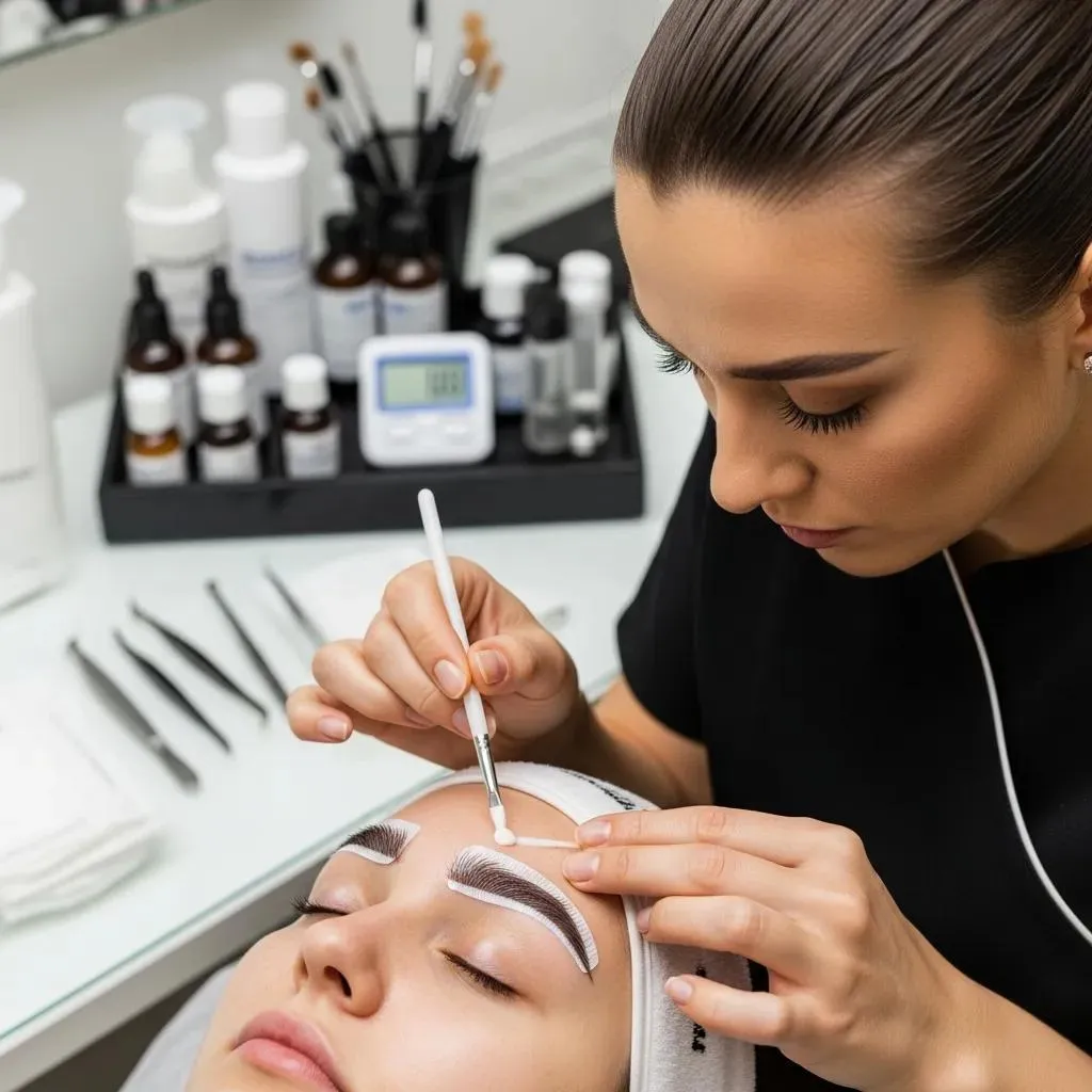Technician applying lifting solution during a brow lamination appointment at a professional salon